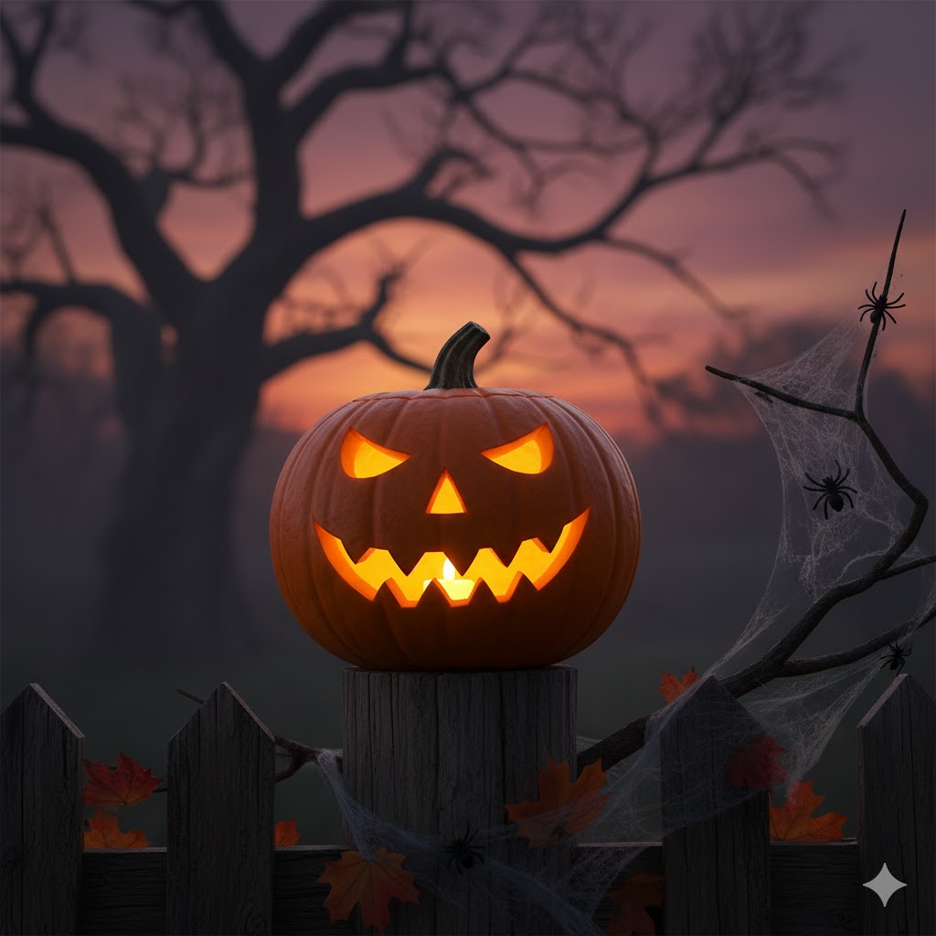 Φωτισμένη, σκαλιστή κολοκύθα Halloween (Jack-o'-lantern) σε ξύλινο φράχτη. Η εικόνα συμβολίζει την ιστορία του Halloween και τα κέλτικα έθιμα.